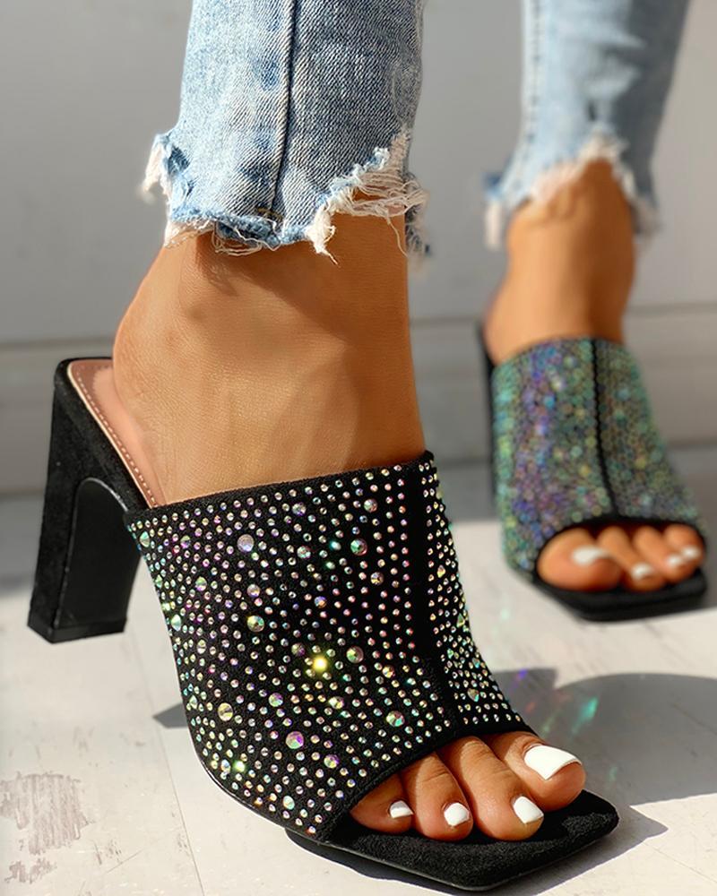 Glitter Hot Stamping Open Toe Slingback Chunky Heeled Sandals