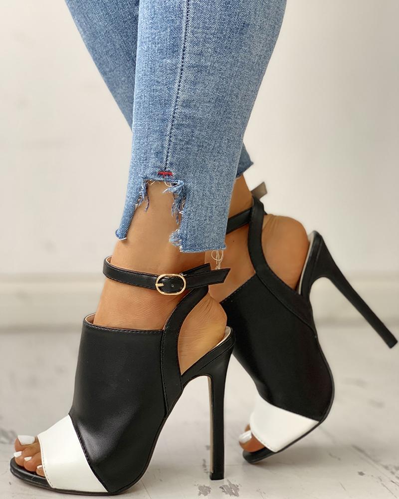 Colorblock Peep Toe Ankle-buckled Thin Heeled Sandals