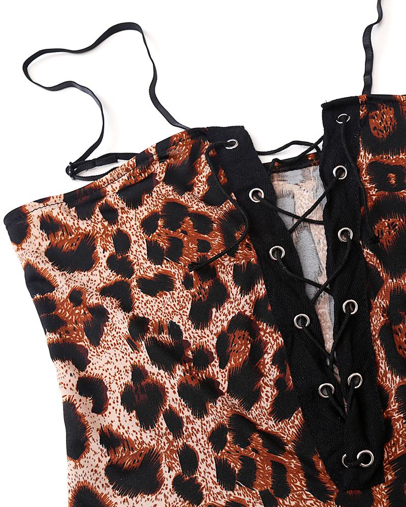 Leopard Print Eyelet Lace-Up Bodysuit