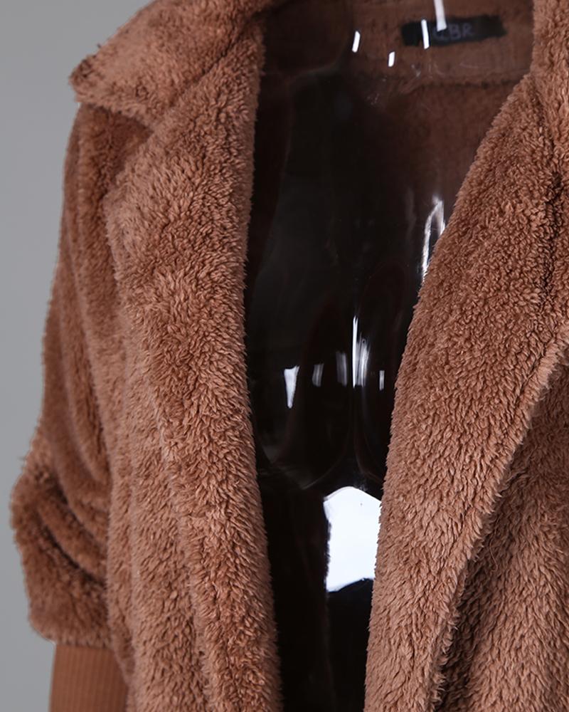Warm Khaki Solid Fluffy Open Front Long Coat