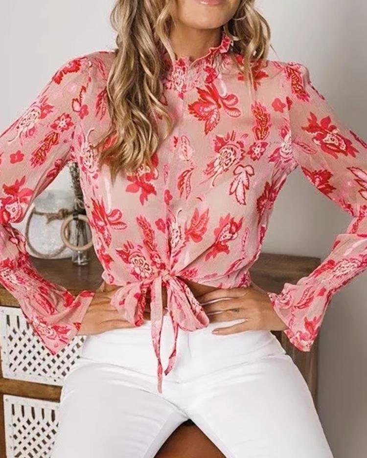 Outlet26 Floral Print Knot Front Crop Blouse red