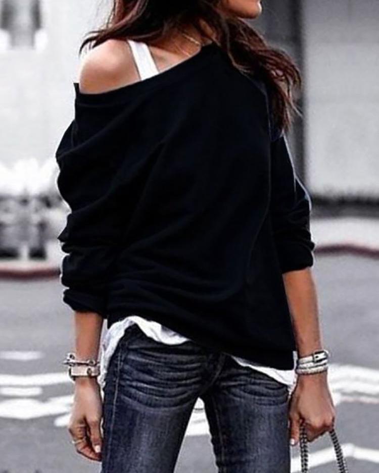Solid Skew Neck Long Sleeve Casual T-Shirt