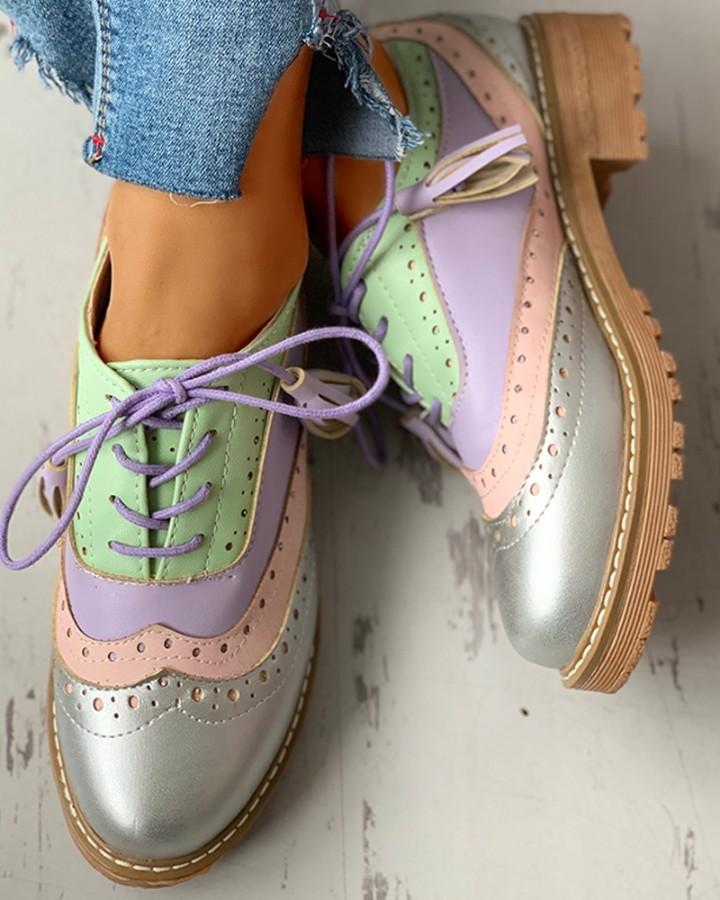 Lace-Up Sequins Insert Flat Shoes