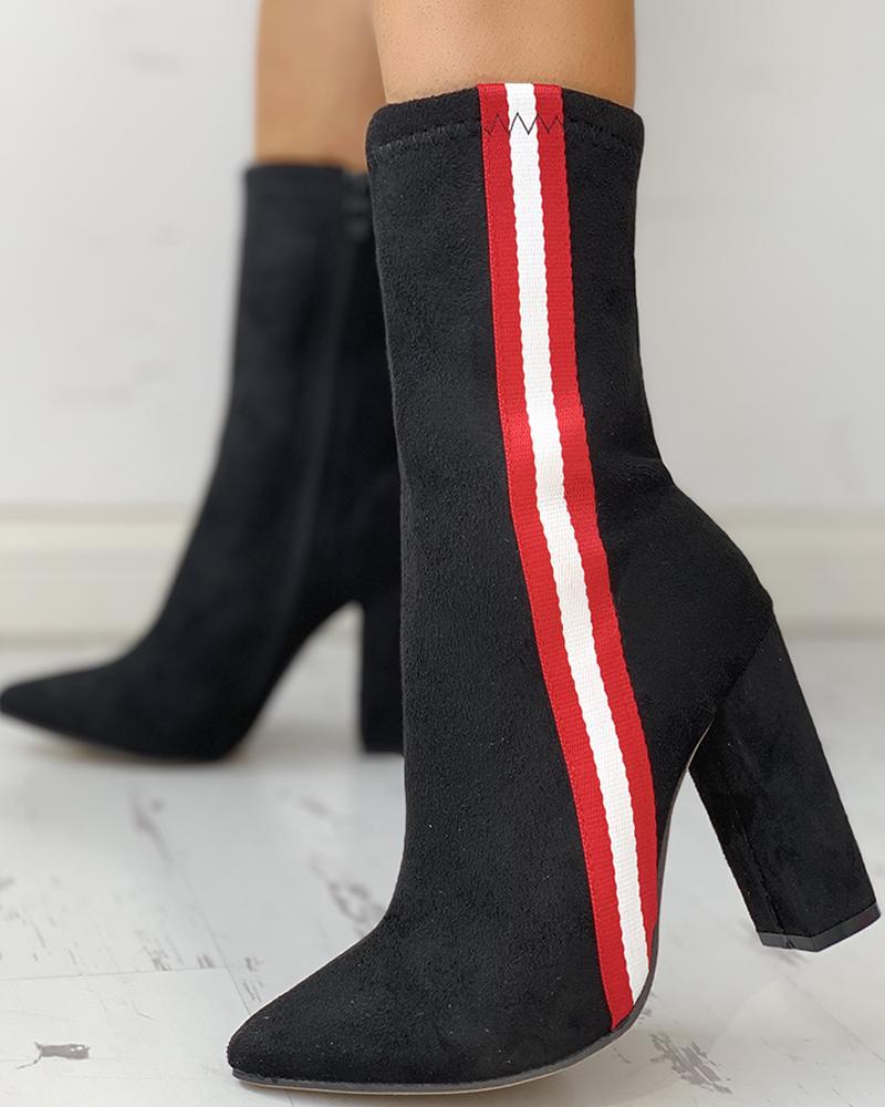 Colorblock Striped Tape Chunky Heeled Boots