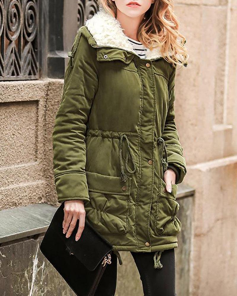Outlet26 Faux Shearling Lined Pocketed Coat Army green