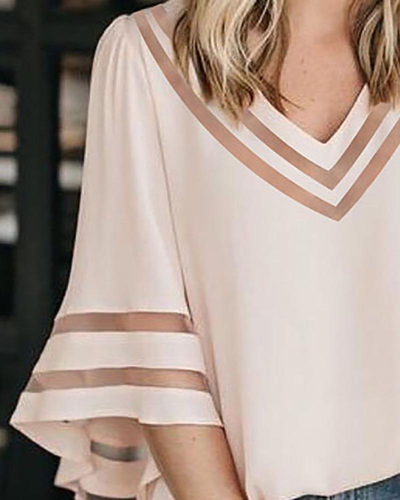 Solid Hollow Out Bell Sleeve V-Neck Blouse