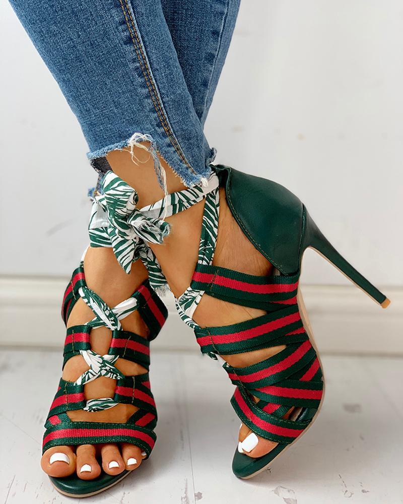 Colorblock Striped Lace-up Bowknot Thin Heeled Sandals