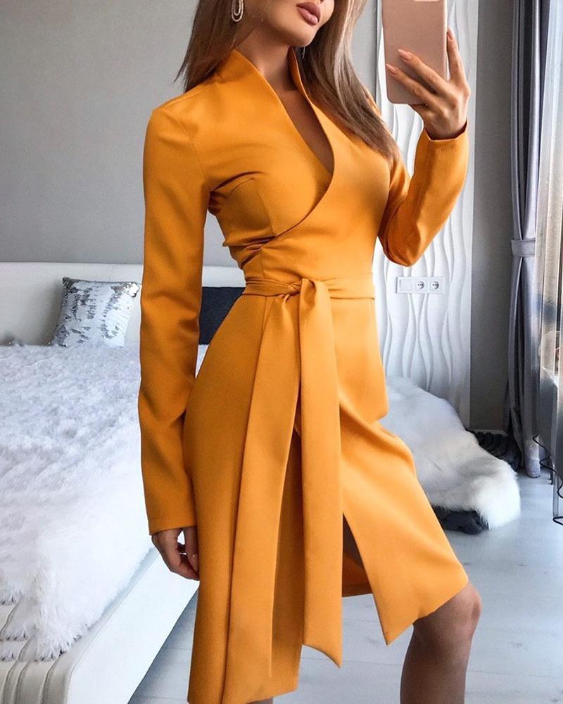 Outlet26 Solid Long Sleeve Tied Waist Slit Dress yellow