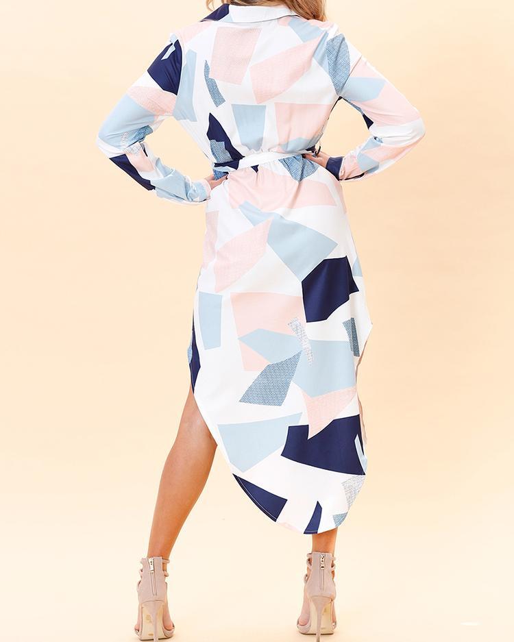 Asymmetrical Color Block Side Split Belted Casual Dress