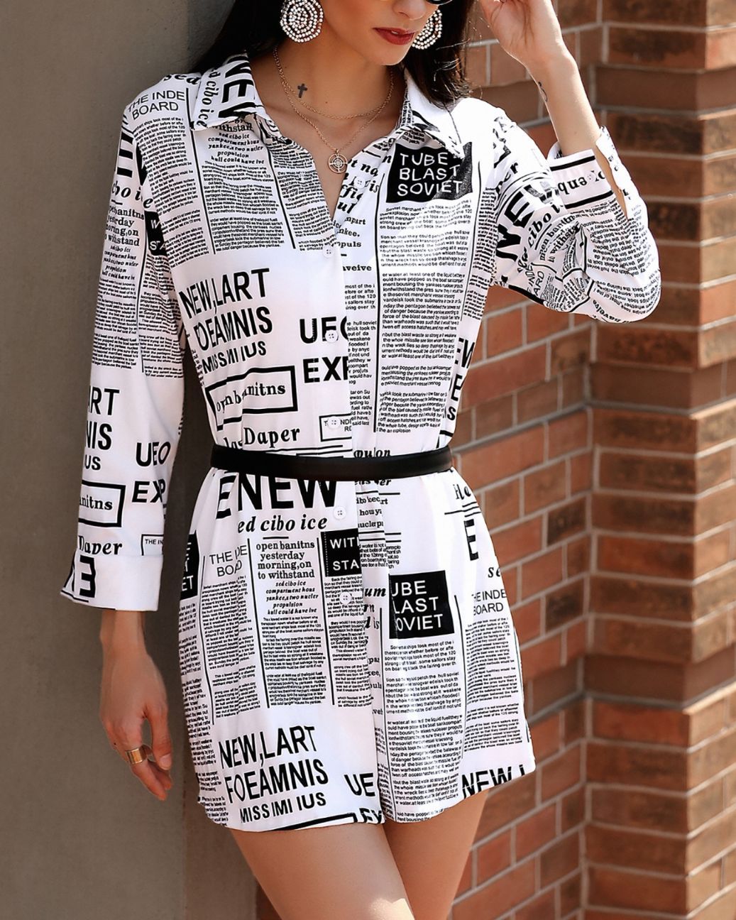 Outlet26 Newspaper Print Long Sleeve Casual Shirt white