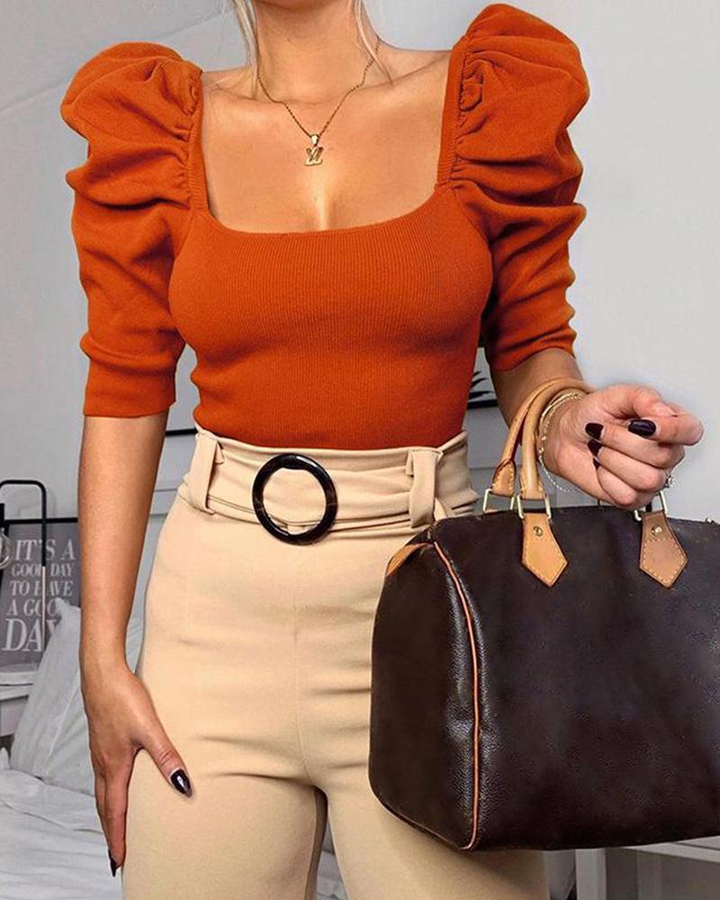 Outlet26 Square Neck Puff Sleeve Top orange