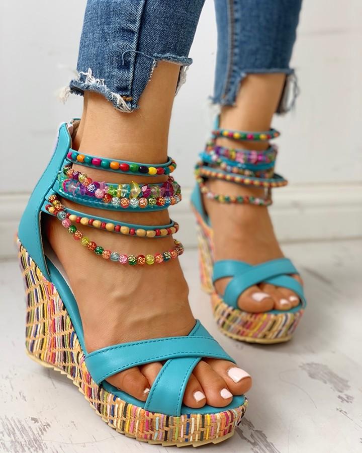 Colorful Beaded Platform Wedge Sandals
