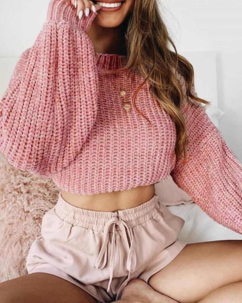 Solid Long Sleeve Ribbed Crop Sweater