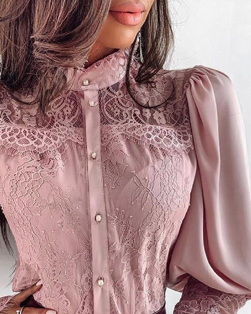 Lace Patchwork Puff Sleeve Buttoned Blouse