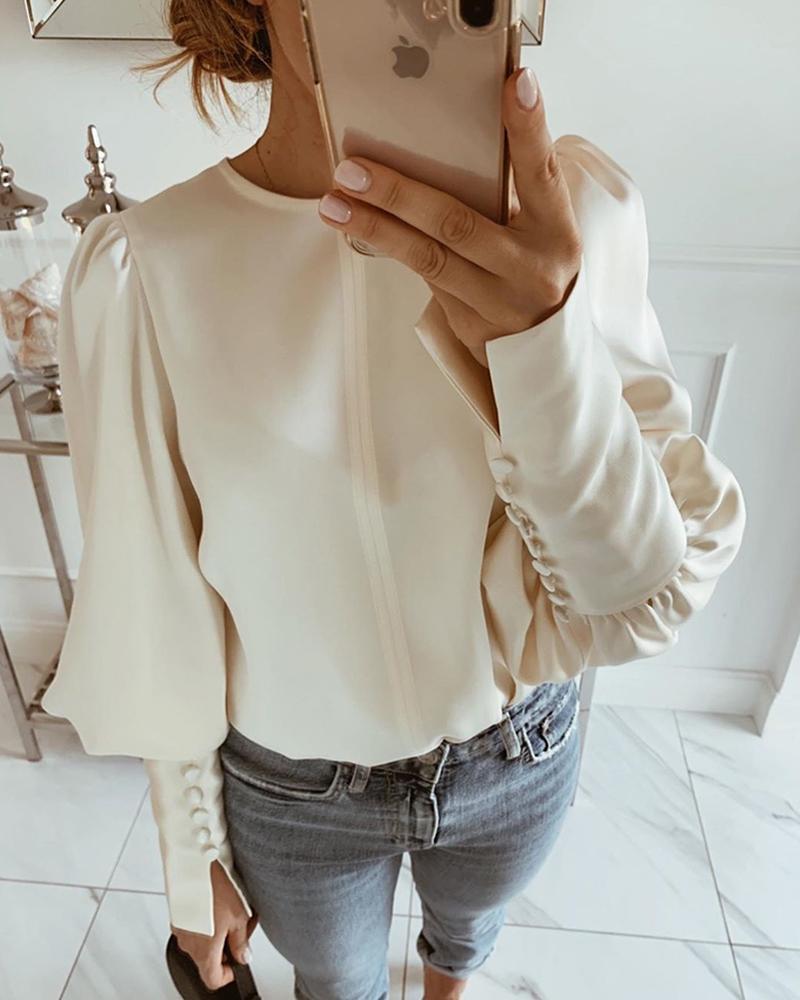 Outlet26 Solid Round Neck Balloon Sleeve Blouse Apricot