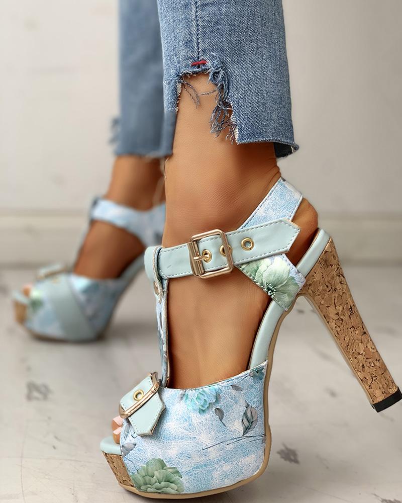 Flower Print Peep Toe Platform Chunky Heeled Sandals