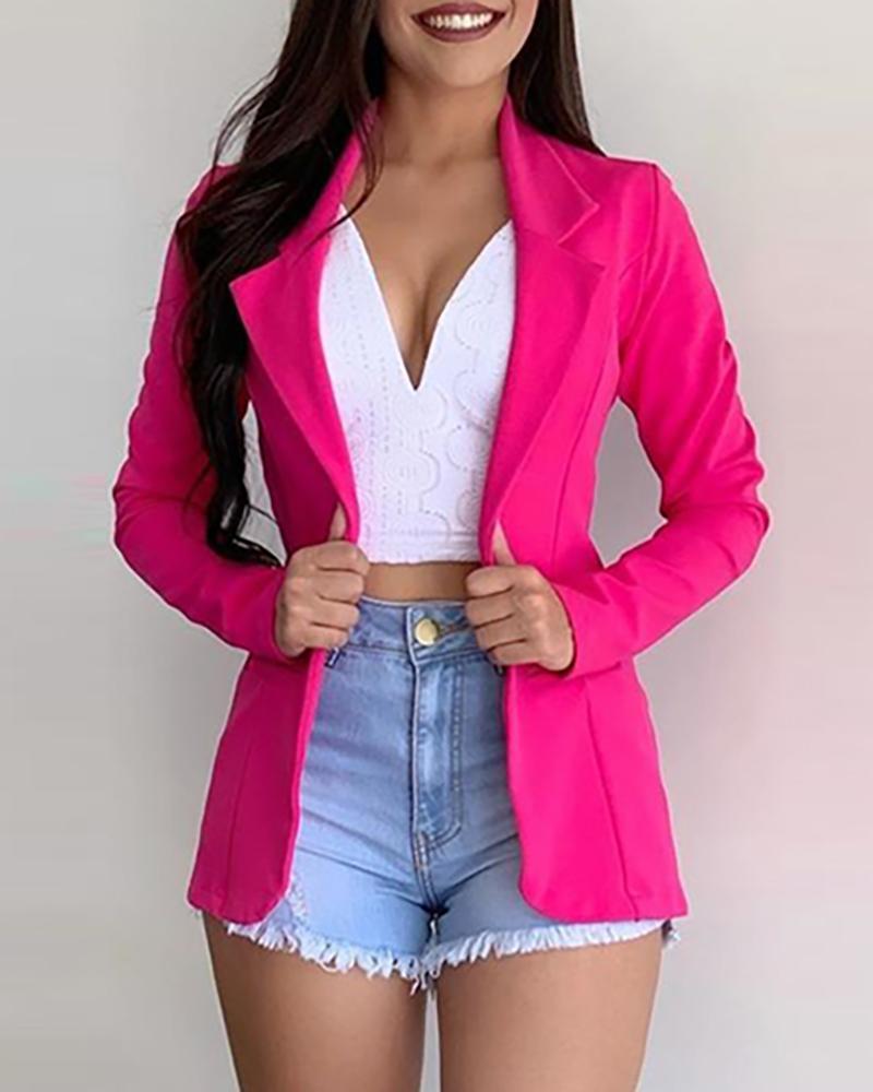 Outlet26 Solid Long Sleeve Blazer Coat hot pink