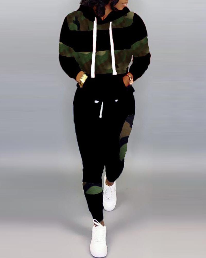 Hooded Styleblock Leopard Drawstring Sweatshirt & Pants Sets