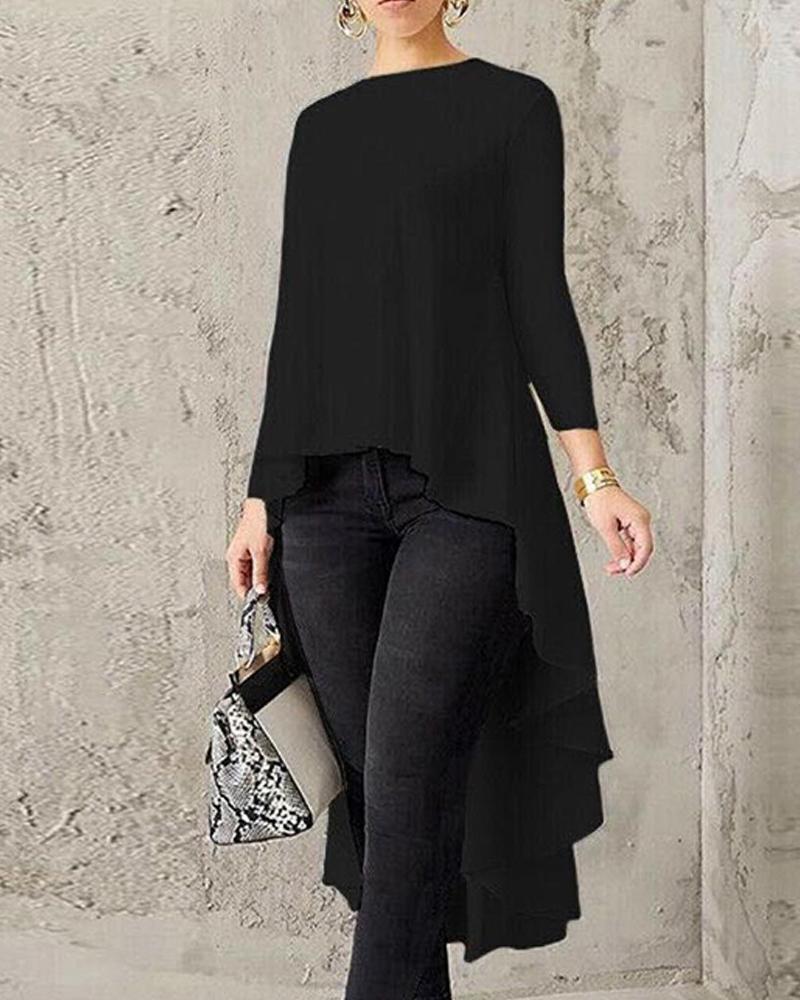 Outlet26 Solid Long Sleeve High Low Top black