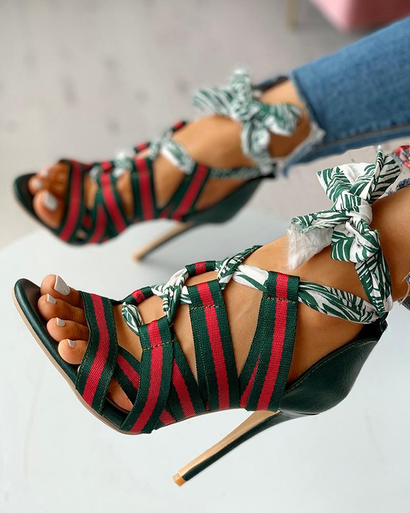 Outlet26 Colorblock Striped Lace-up Bowknot Thin Heeled Sandals green