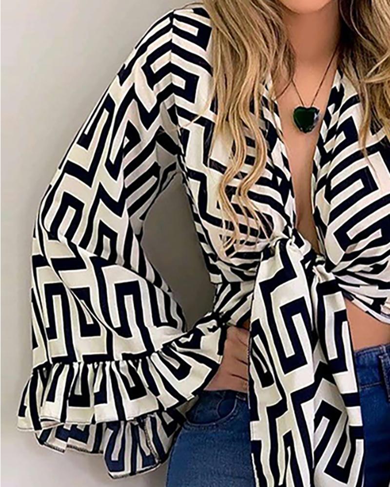 Grid Print Knotted Ruffles Bell Sleeve Blouse
