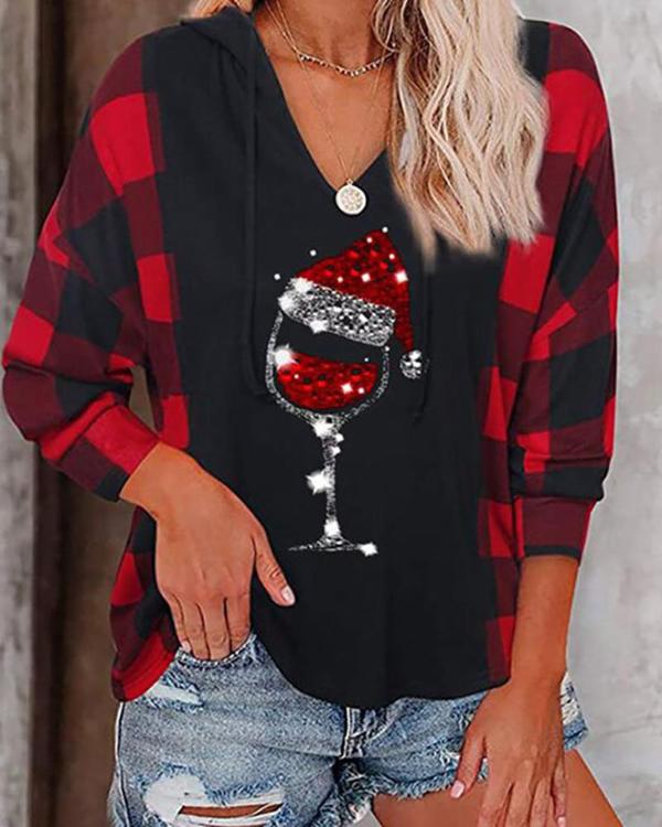 Christmas Wine Glass Plaid Long Sleeve Hoodie