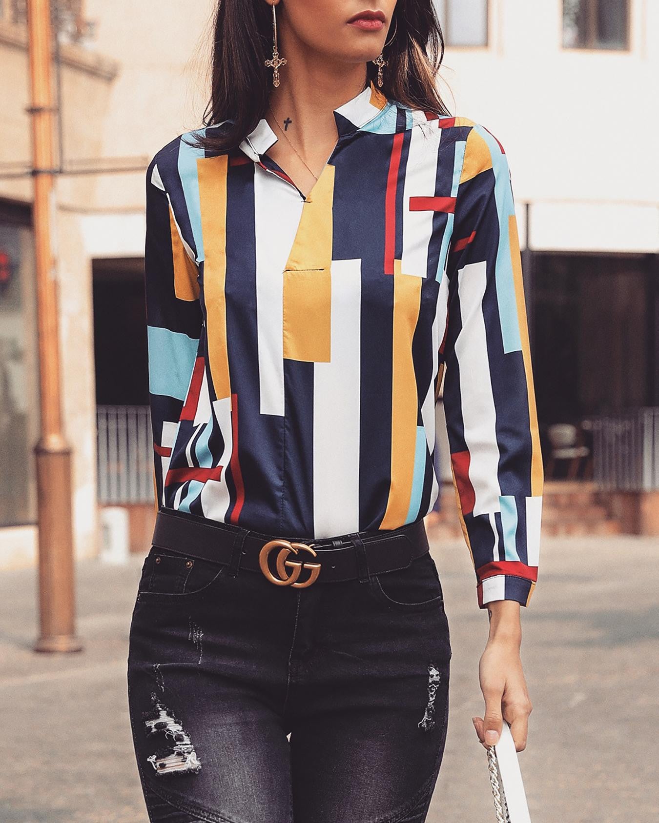 Colorful Striped V-Neck Casual Shirt