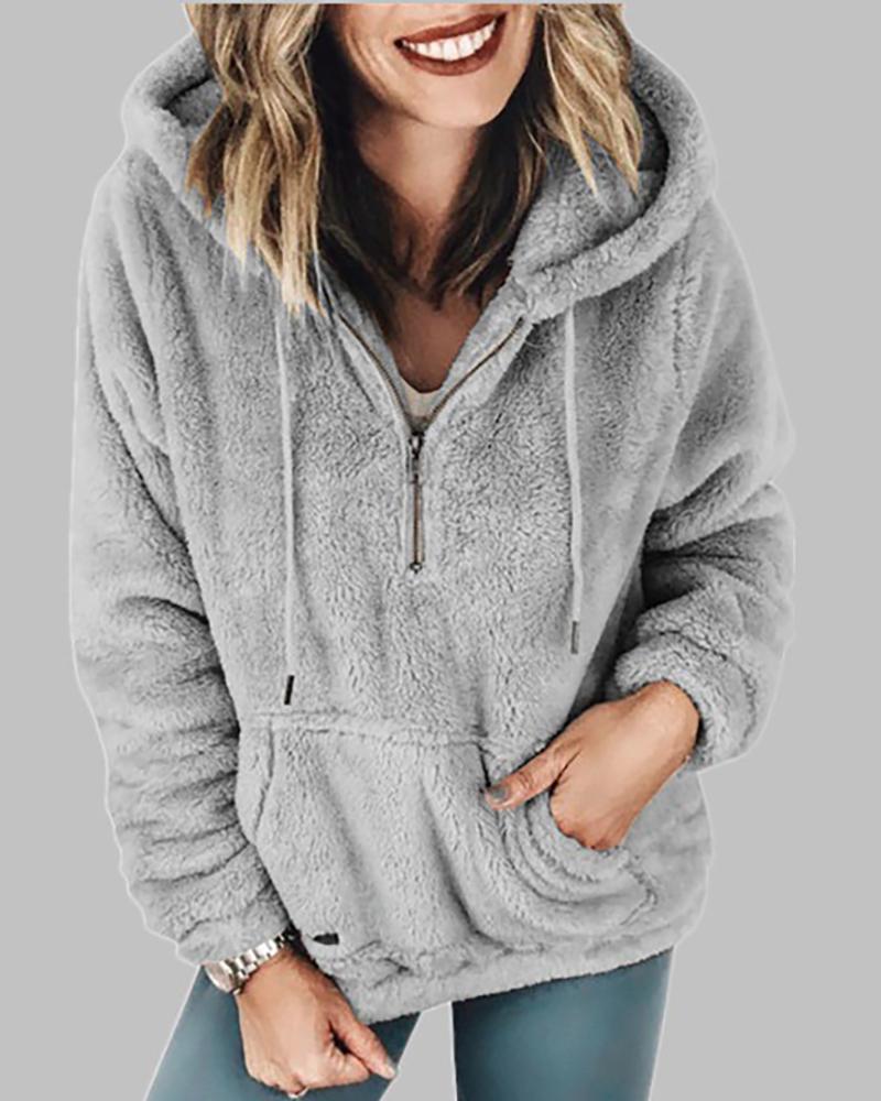 Hooded Zipper Design Drawstring Fluffy Sweatshirt