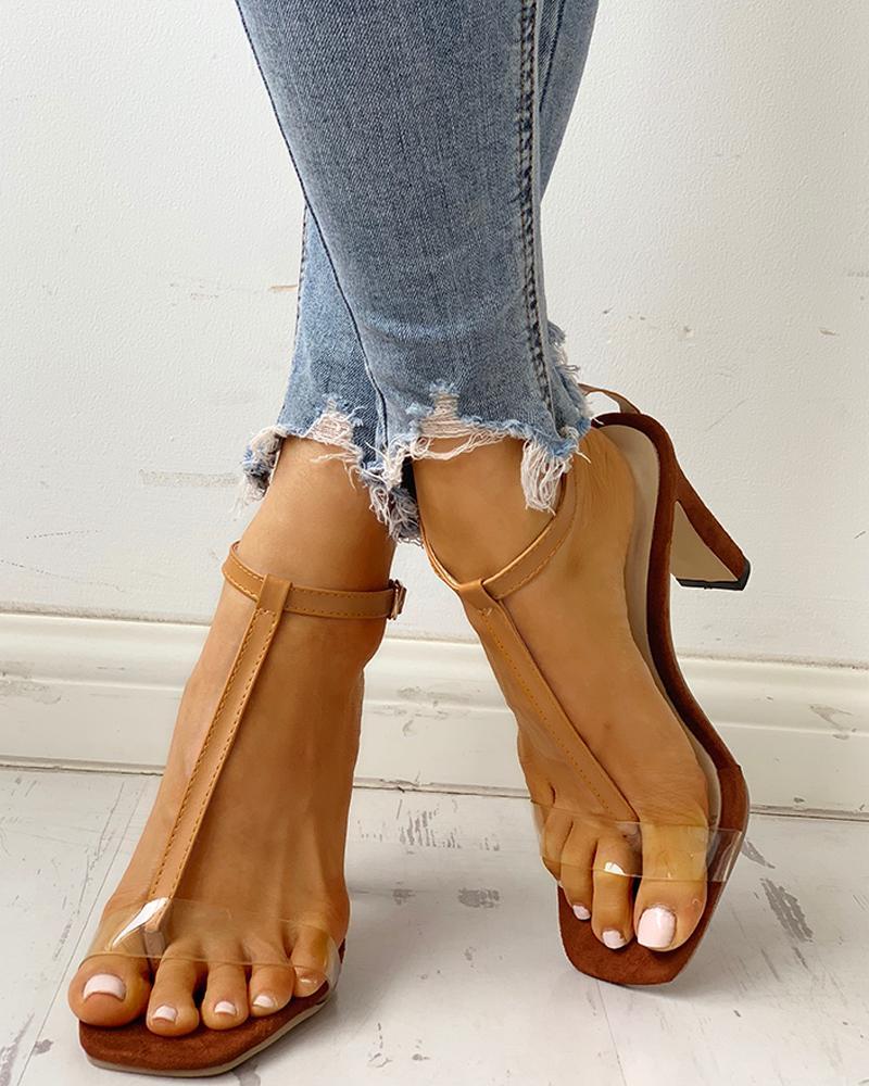 Open Toe Transparent Strap Chunky Heeled Sandals