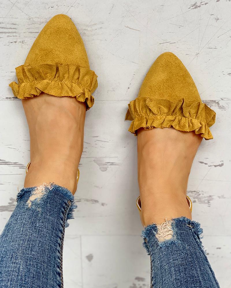 Suede Pointed Toe Frill Flat Shoes