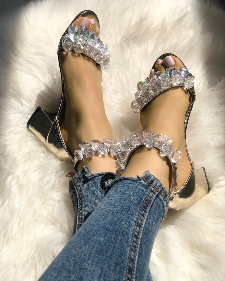 Outlet26 Shiny Peep Toe Buckled Chunky Heeled Sandals silver