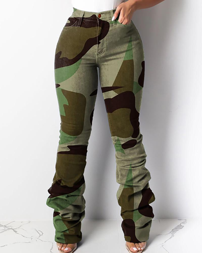 Outlet26 High Waist Print Layered Ruched Bell-bottomed Pants Army green
