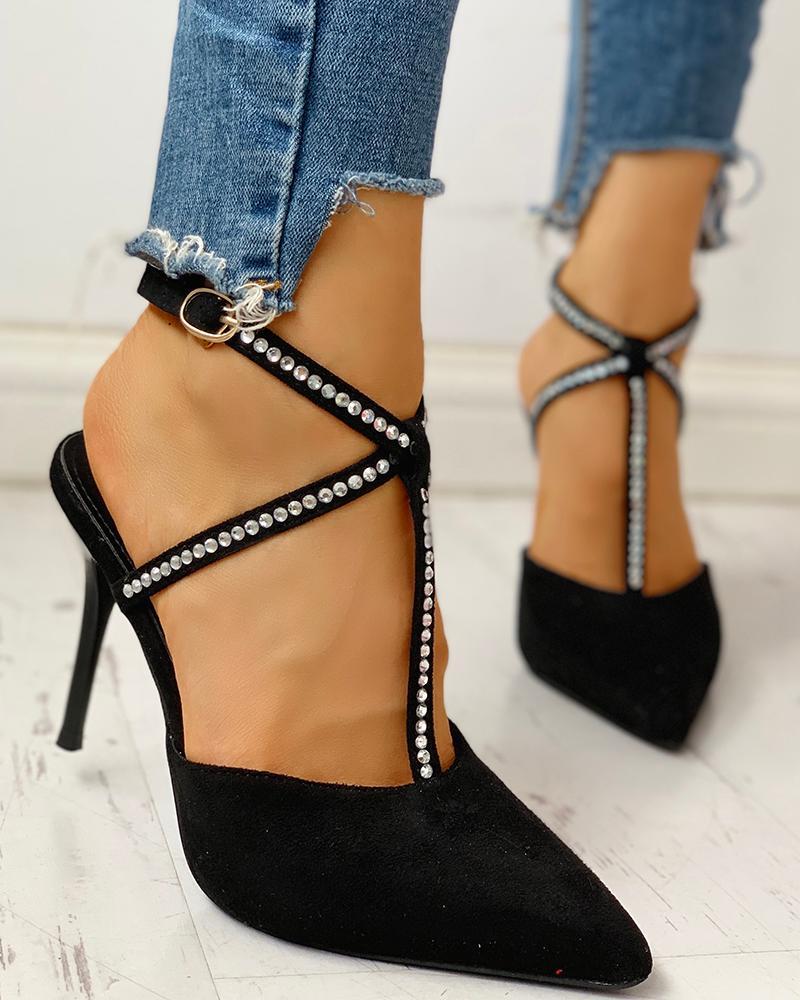 Outlet26 Pointed Toe Hot Stamping Ankle Buckled Heeled Sandals black