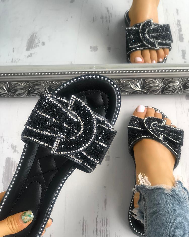 Rivet Sequins Embellished Peep Toe Flat Sandals