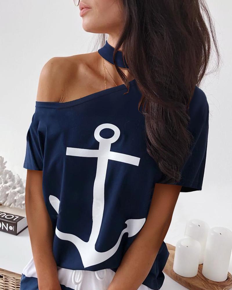 Outlet26 Choker One Shoulder Boat Anchor Print T-Shirt dark blue