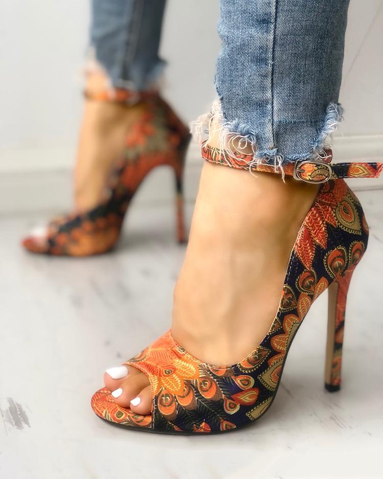 Outlet26 Ethnic Print Peep Toe Ankle Strap Heeled Sandals orange