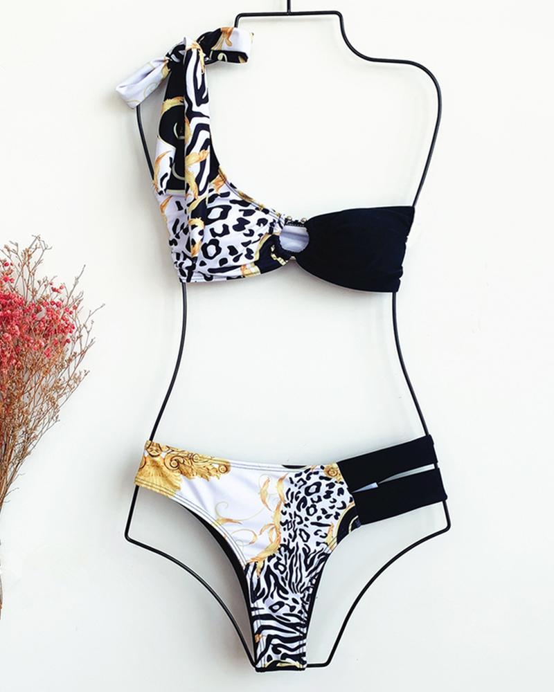 One Shoulder Colorblock Cheetah Print O Ring Padded Bikini Sets