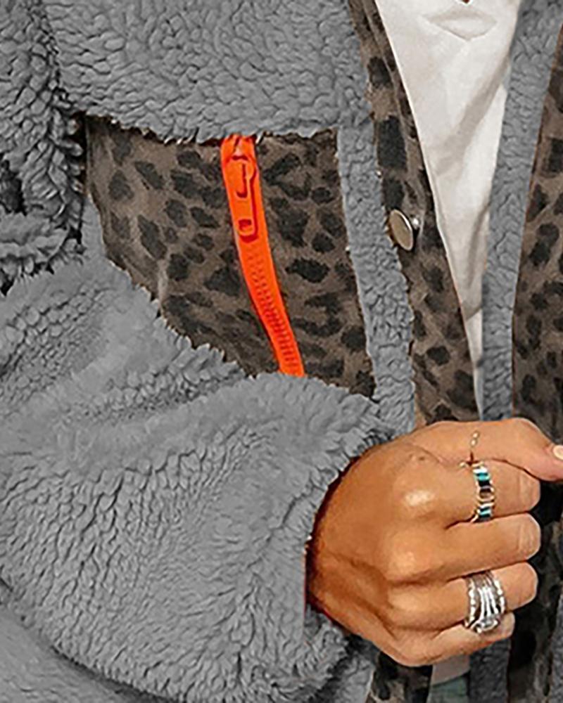 Leopard Zipped Pocket Design Buttoned Fluffy Coat