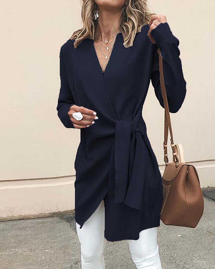 Solid Wrapped Self-Belted Long Sleeve Coat