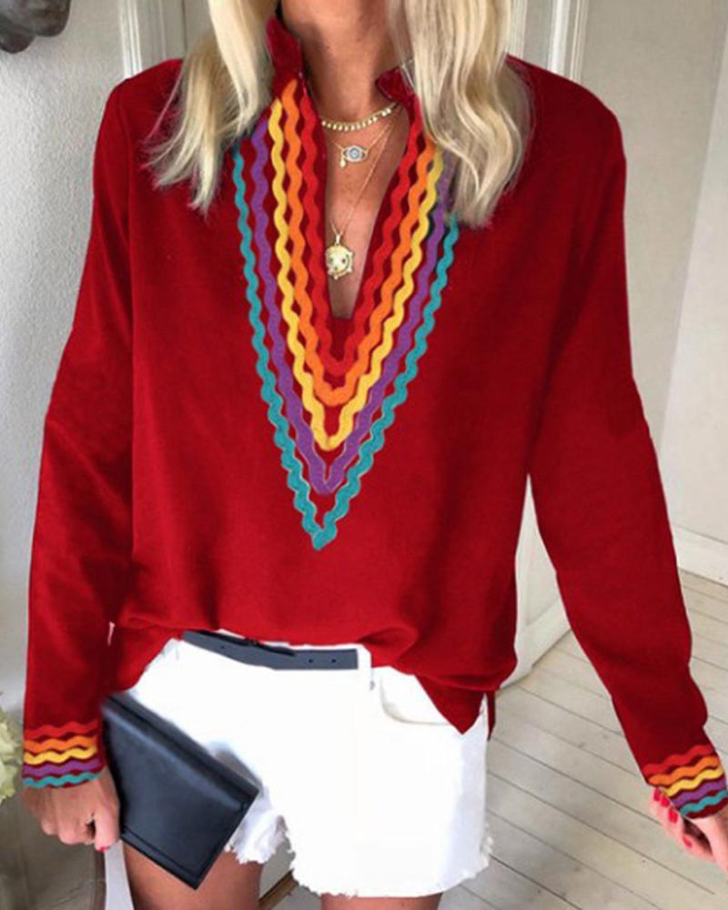 Ethnic Colorblock Long Sleeve Casual Blouse