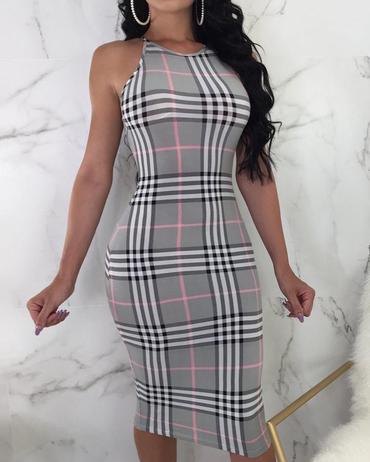 Outlet26 Plaid Print Halter Cut Out Back Bodycon Midi Dress gray