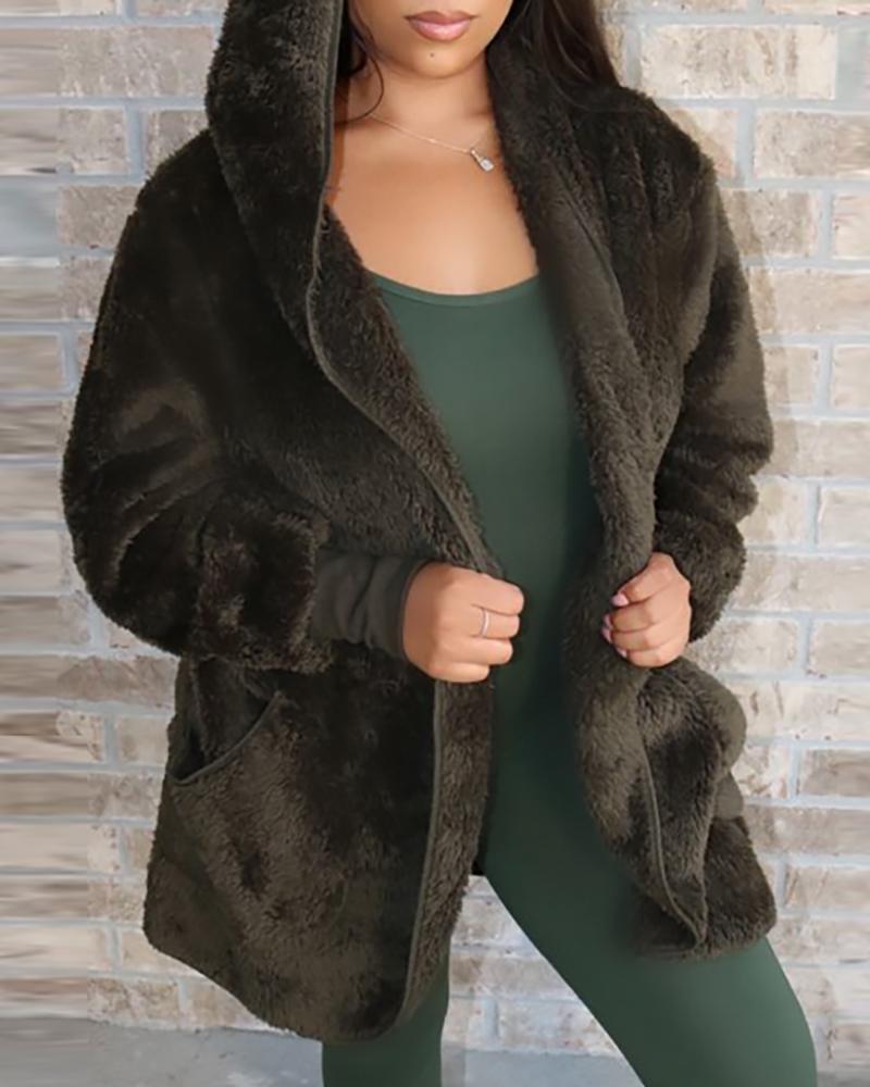 Solid Fluffy Zipped Hooded Coat