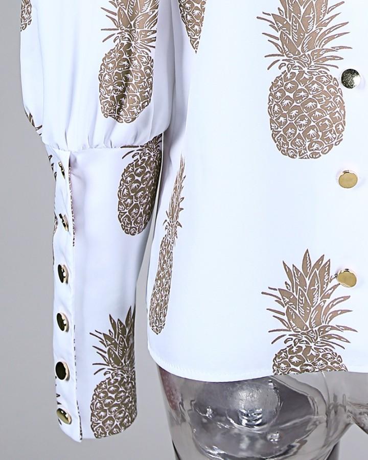 Pineapple Print Metal Buttoned Detail Casual Blouse