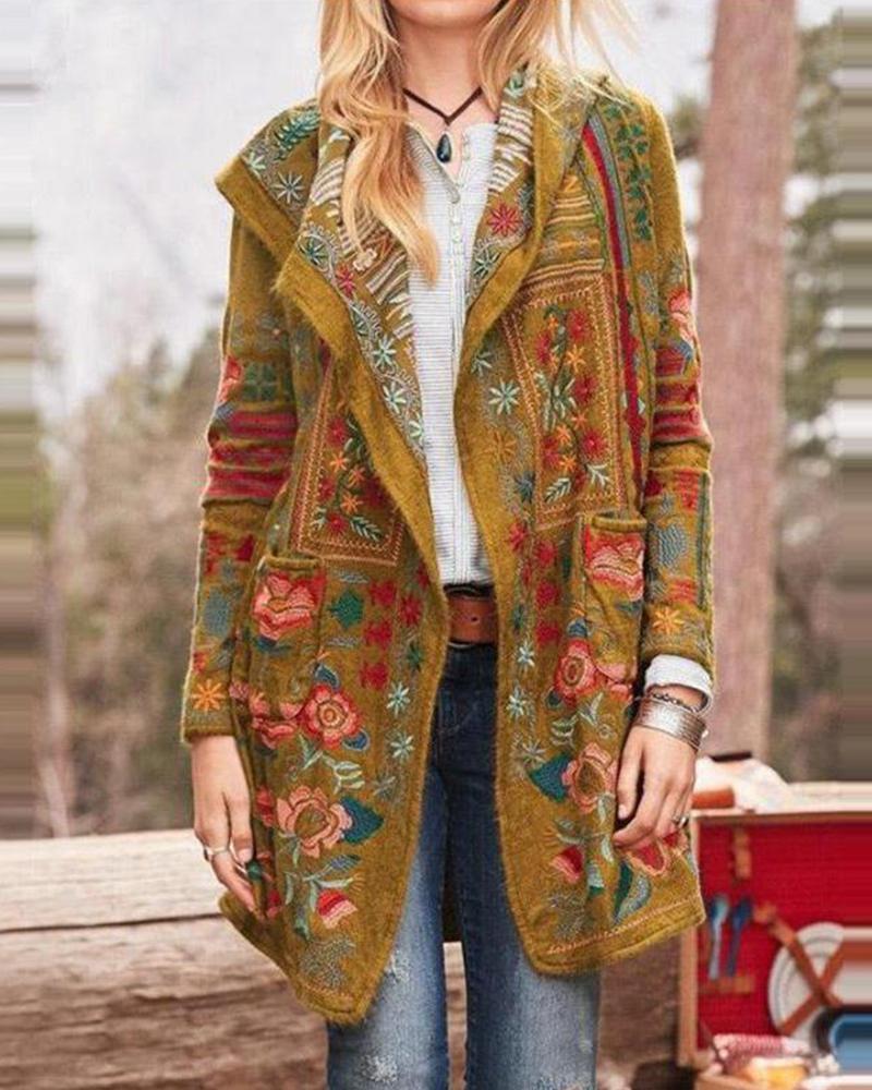 Outlet26 Embroidery Floral Long Sleeve Coat yellow