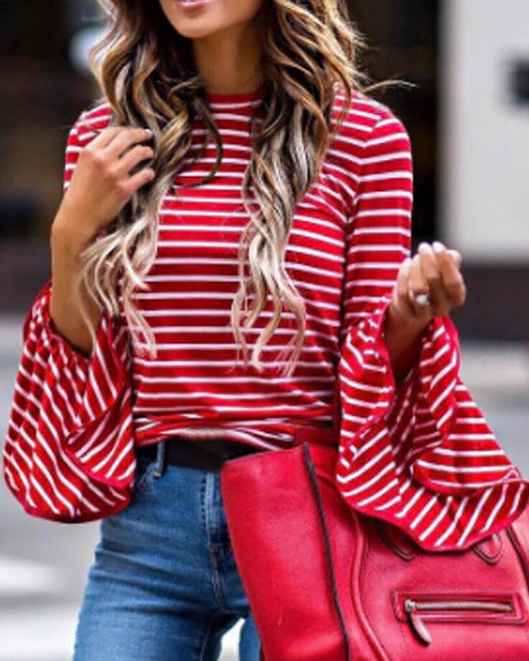 Outlet26 Flare Sleeve Striped Blouse red