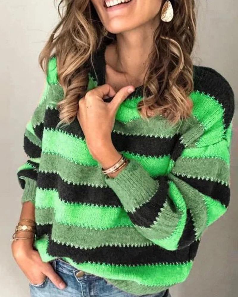 Round Neck Colorblock Long Sleeve Knitting Sweater