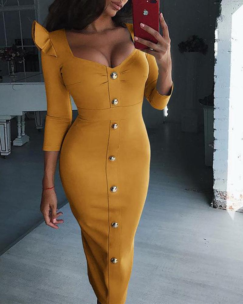 Solid Gold Button Front Midi Dress