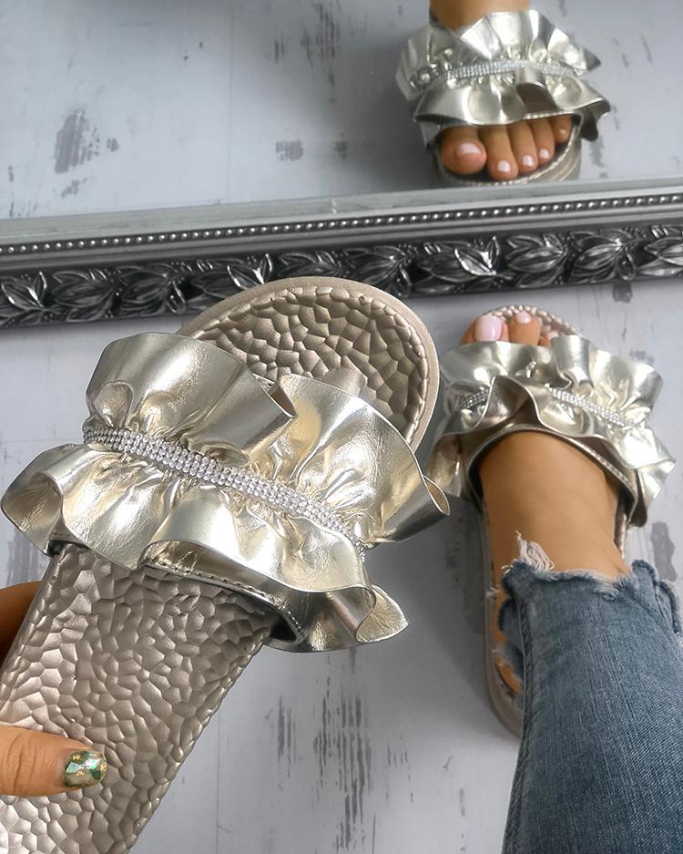 Shiny Embellished Ruffles Peep Toe Sandals