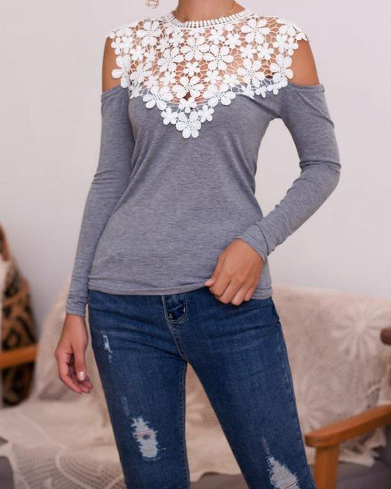 Cold Shoulder Lace Embroidery Patchwork Tops