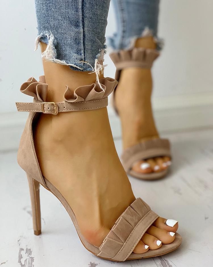Frilled Solid Color Thin Heeled Sandals